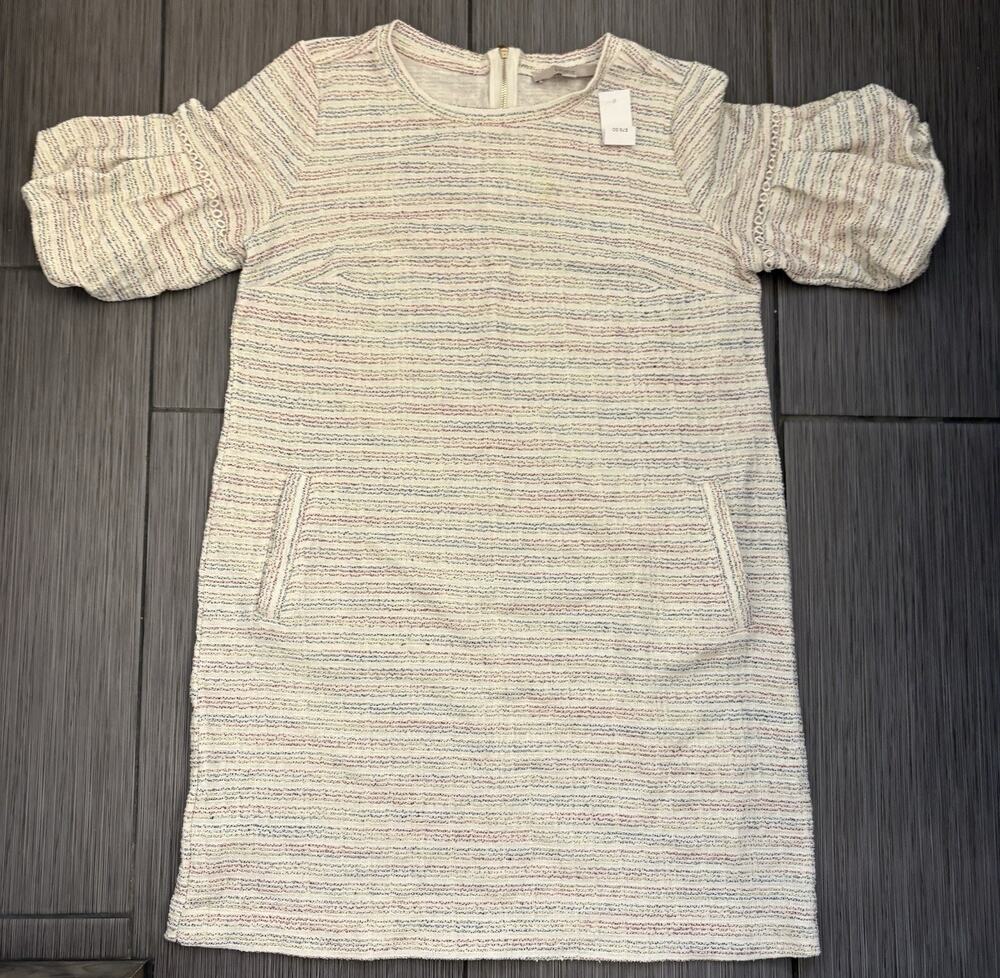 Loft Mini Shift Dress Cream Multi Tweed Textured Bubble Sleeve Preppy Large